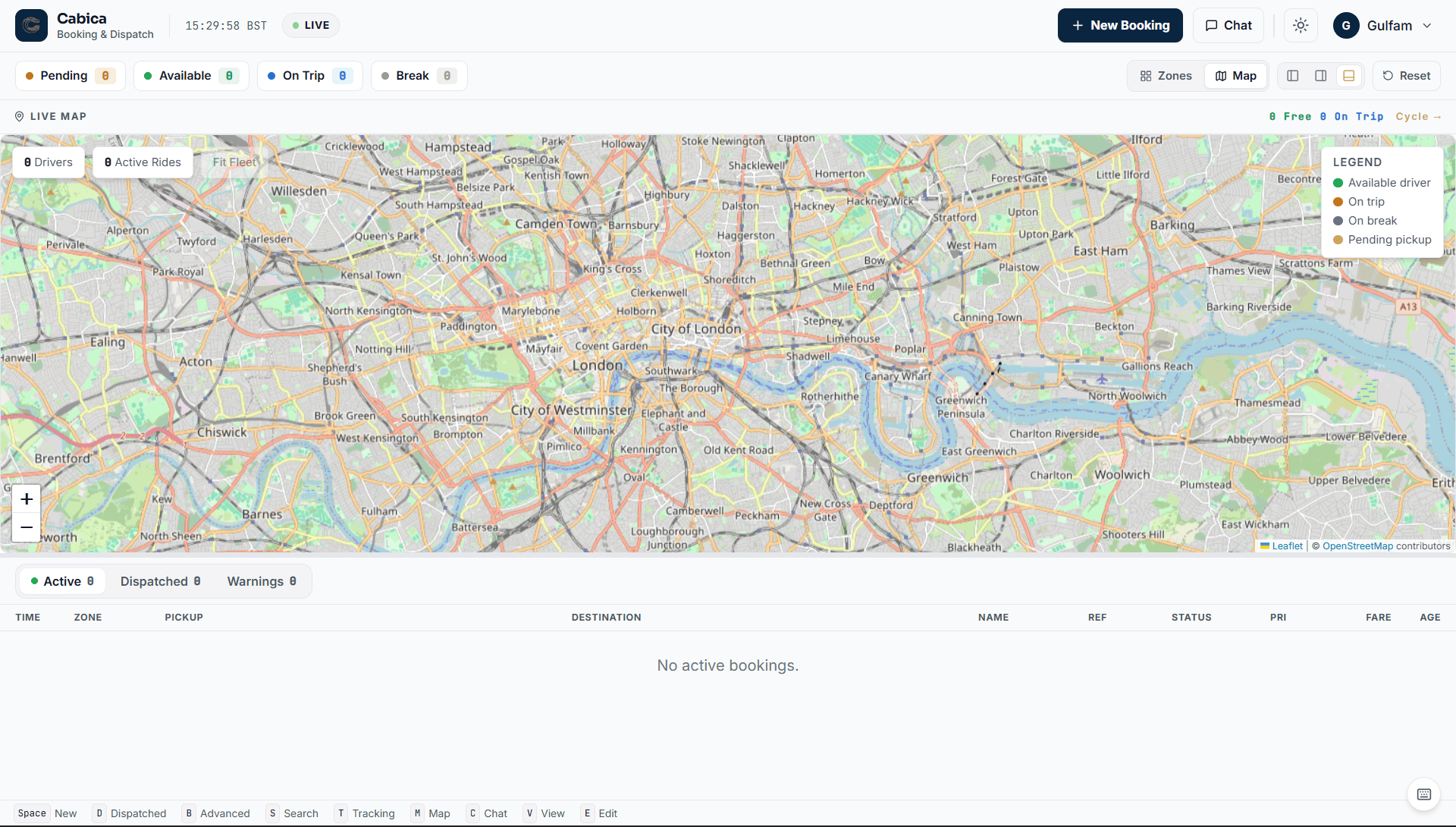 Cabica dispatch console — live fleet map with driver status counters and the active bookings board
