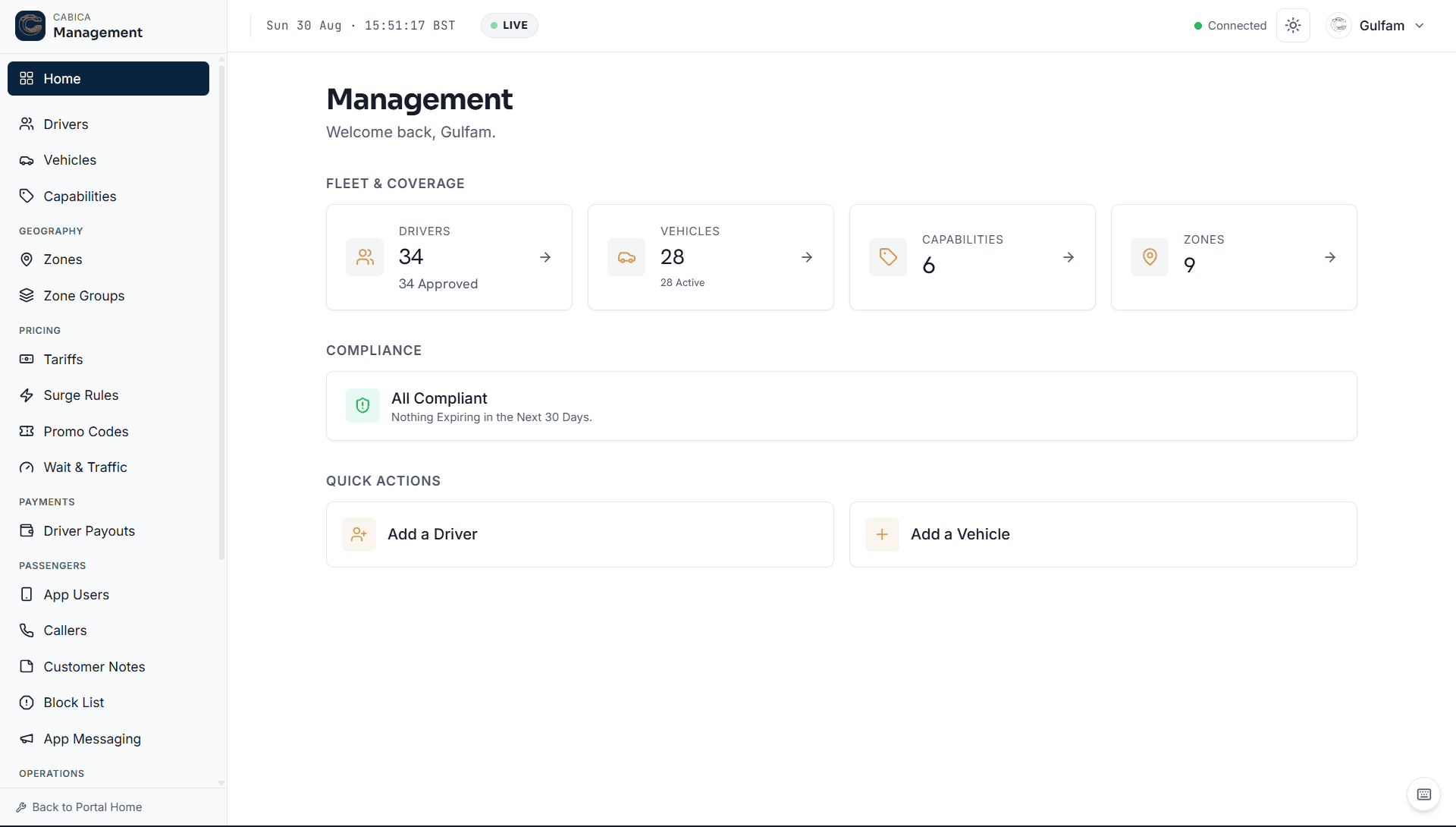 Cabica management dashboard showing fleet coverage cards and a compliance panel reporting all documents in date