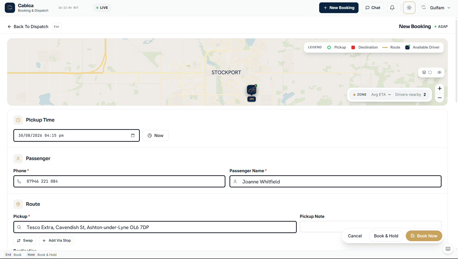 Cabica New Booking screen — pickup time, passenger and route over a live Manchester dispatch map