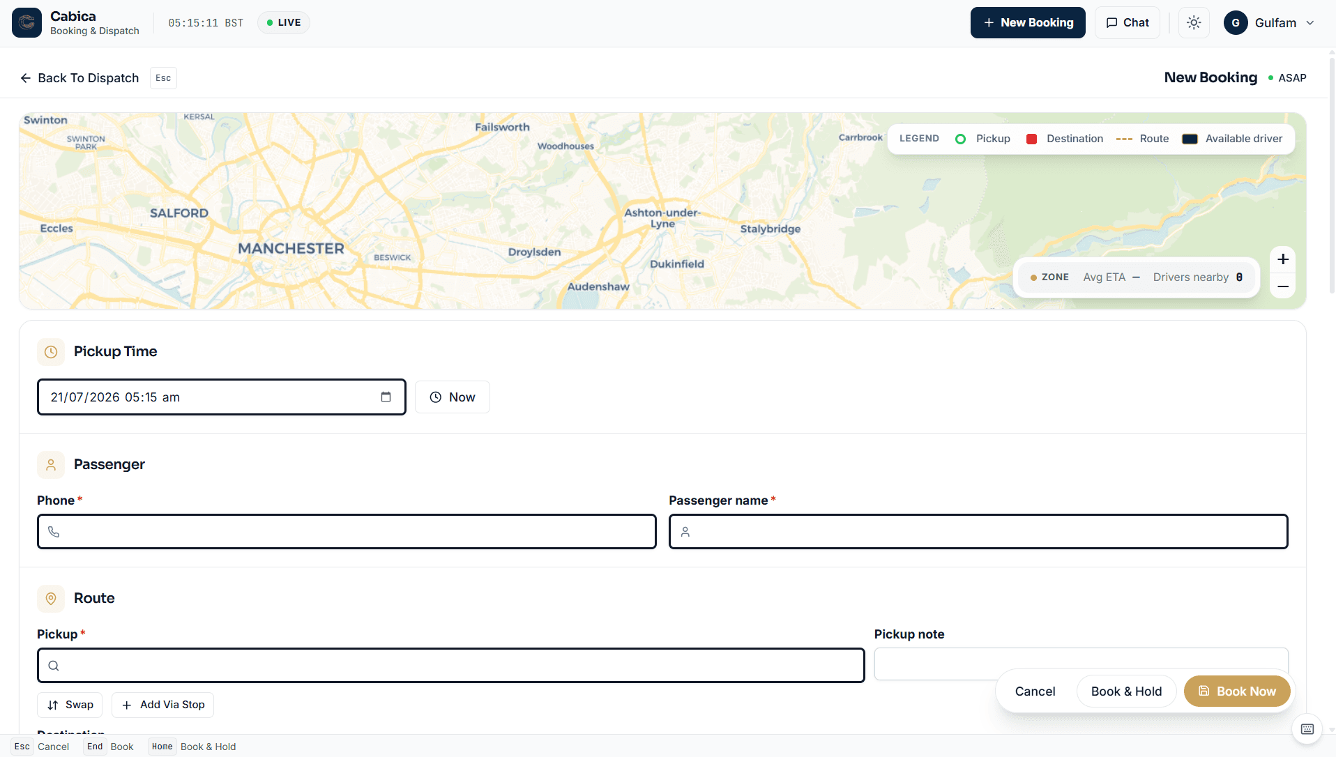 Cabica New Booking screen — pickup time, passenger and route over a live Manchester dispatch map