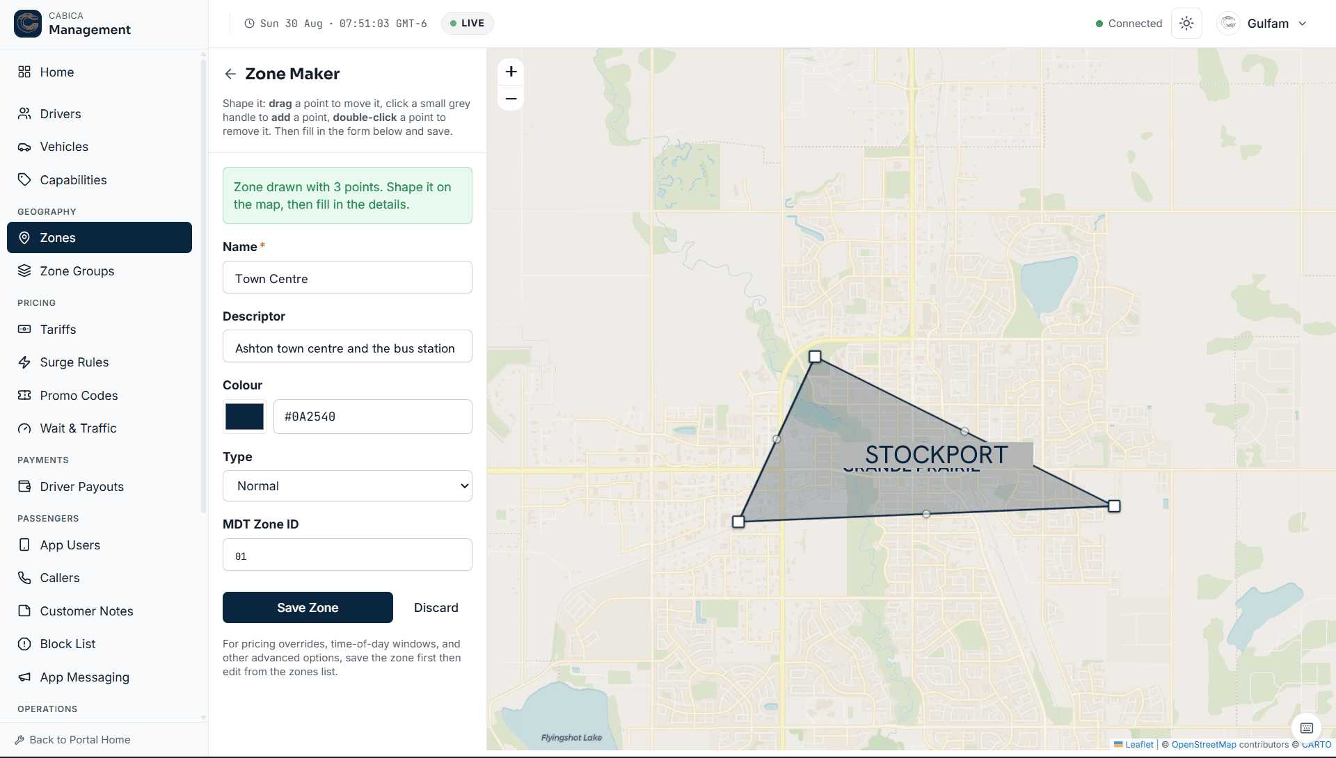 Cabica zone maker — drawing a service-area polygon on the live map with name, colour and type fields